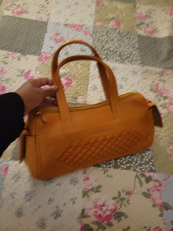 Cross Stitched Genuine Leather Orange Tan Handbag