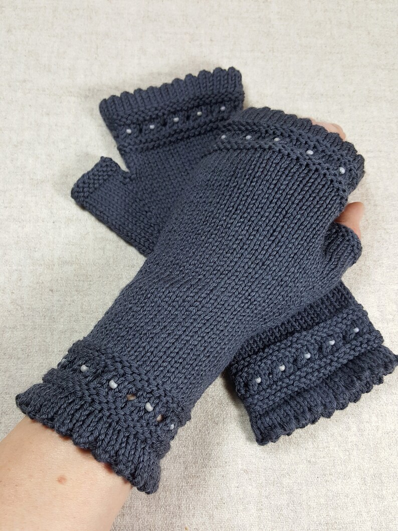 eco-friendly gloves grey handmade knitwear gift to co-worker knitted mittens gray Fair Fashion Fingerless Gloves with beads many colors