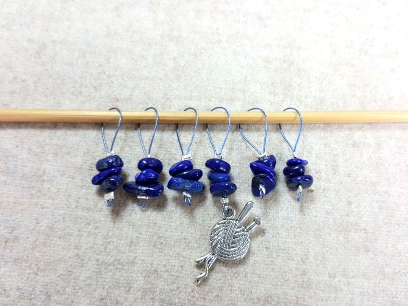 knitter gift blue gem stones Knit markers set of six semi-precious stone lapis lazuli knitting marker snag free marker