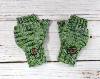 Fingerless Mittens with flap for toddler, green hand painted organic merino