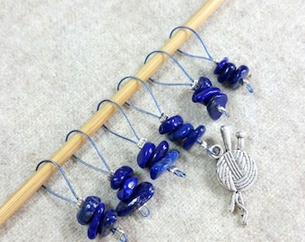 Knit markers set of six semi-precious stone lapis lazuli blue