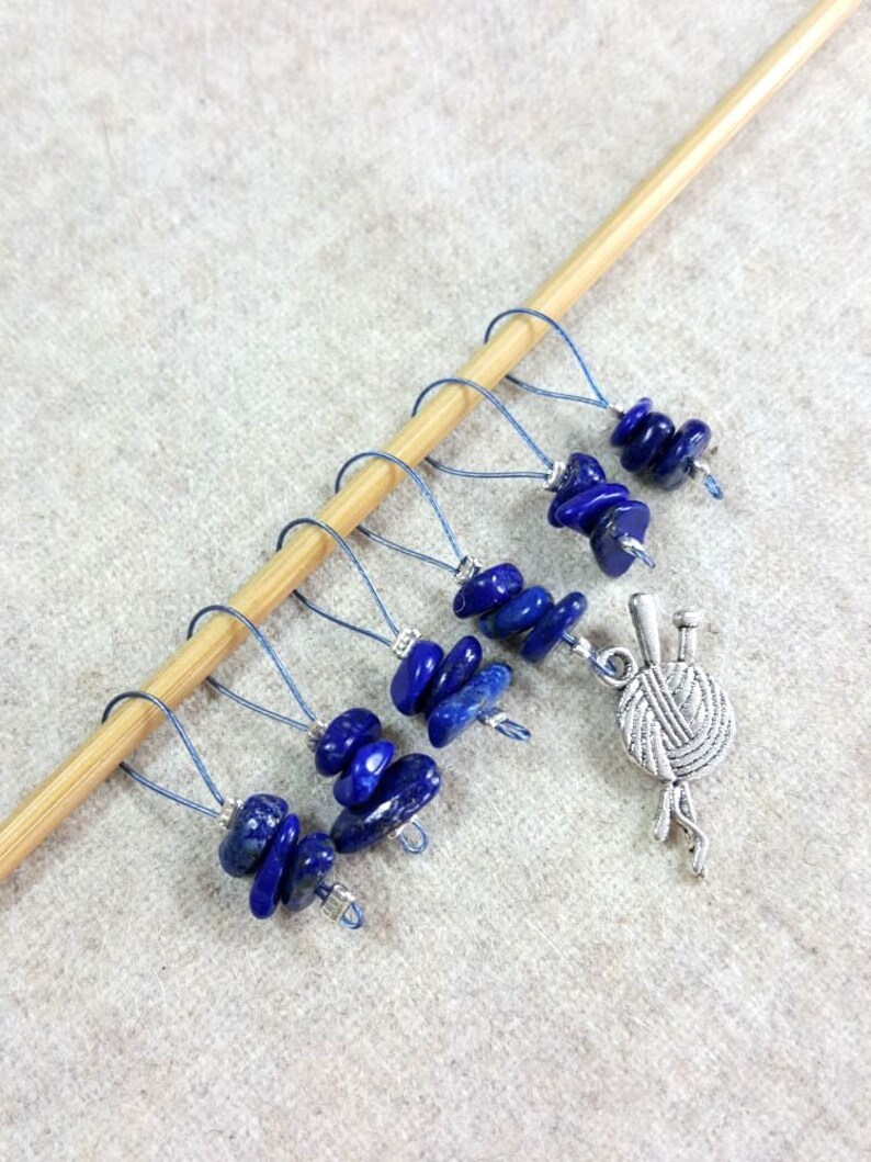 knitter gift blue gem stones Knit markers set of six semi-precious stone lapis lazuli knitting marker snag free marker