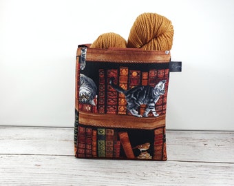 Knitting Project Bag Kittens in the Bookshelf  Size S, Needle Cosy Optional