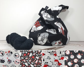 Black knitters bag with knitting sheep, japan knot bag