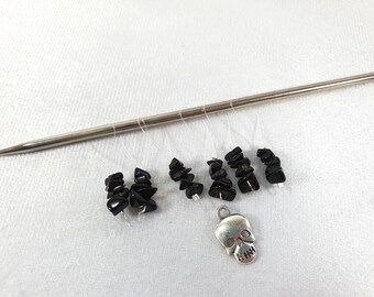 Stitch markers gothic black with gemstone obsidian and skull pendant