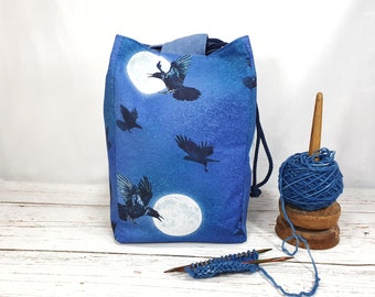 Large komebukuro bag with ravens, project bag with drawstrings