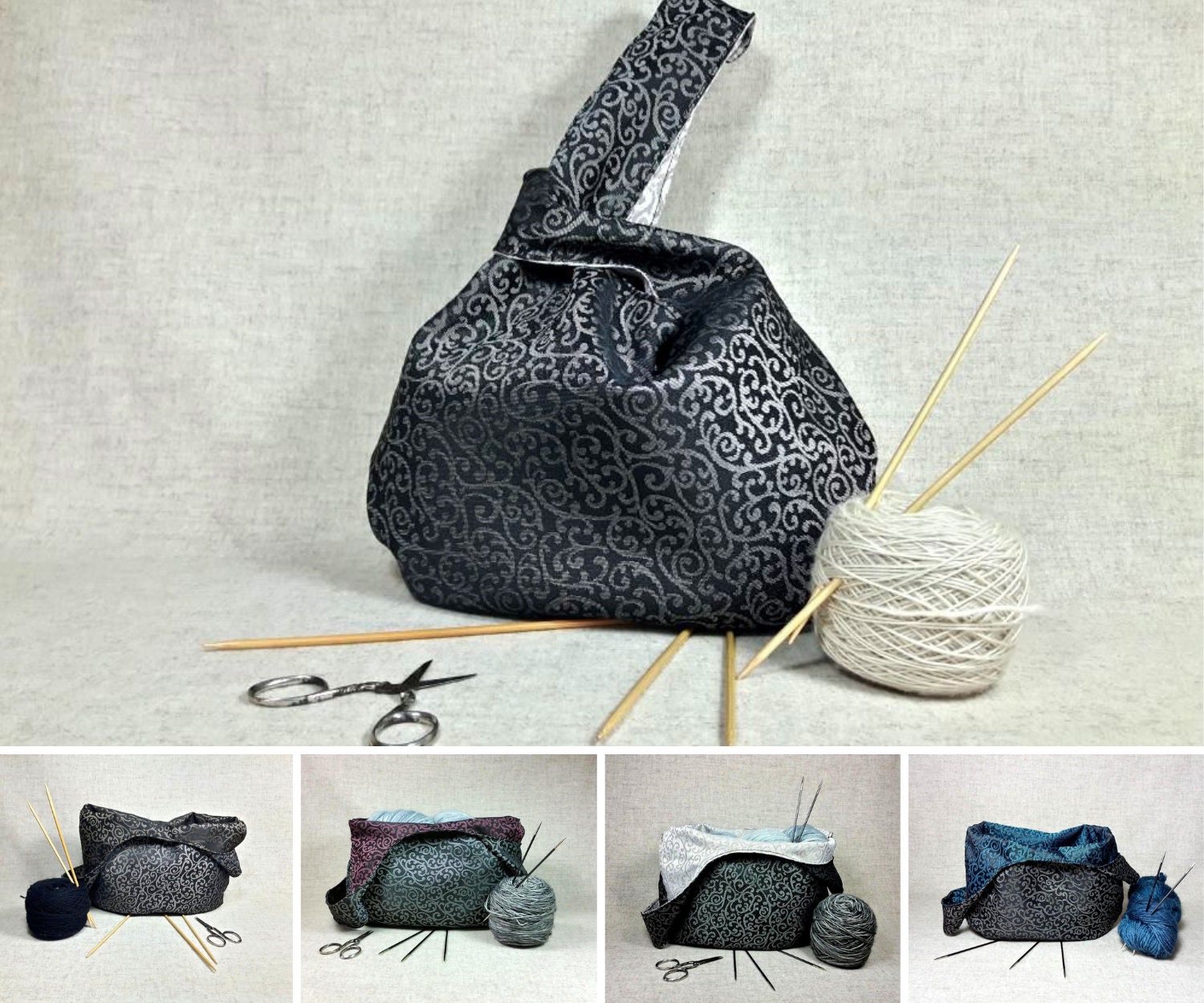 Large Project Bag black silver bridesmaides gift 3 sizes