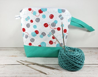 Sac à fermeture éclair boule de fil turquoise rouge gris taille S sac de projet