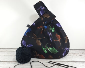 Project Bag dragons black, sock knitting bag sizes, needle cozy optional