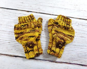 Toddler Mittens with flap "Little Bee" yellow brown hand painted yarn