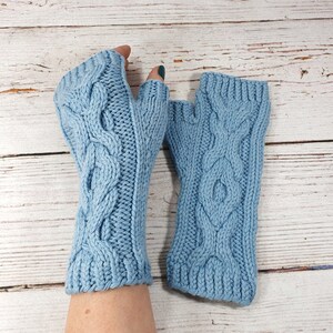 Eco fashion fingerless gloves with cables light blue turquoise