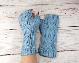 Eco fashion fingerless gloves with cables light blue turquoise