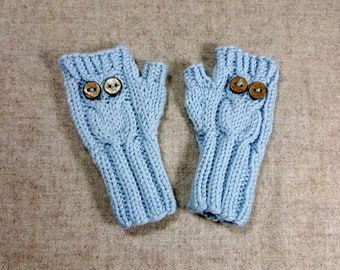 Natural fingerless mittens with owl for toddlers in 3 colors,