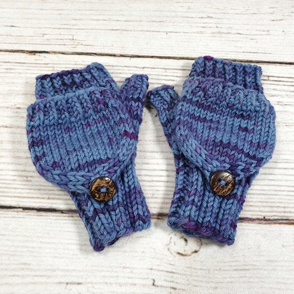 Gants pliants avec bonnet pour tout-petits, laine biologique teinte à la main bleu violet