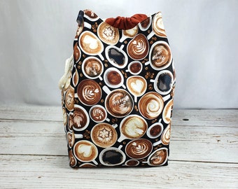 Large komebukuro bag with coffee mugs, project bag