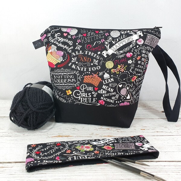 Project Bag "knitting quotes" with zipper two sizes, needle cozy