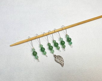 Knitting markers set of six, semi-precious stone aventurin green