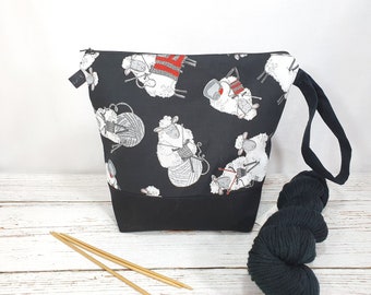 Project Bag for knitting "knitting sheep" with zipper, crochet project bag black