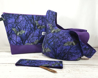 Project Bag violet with bats 3 sizes with zipper bag and needle safe