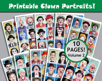 Clown Portraits PDF Printable INSTANT Download, Volume 2 (10 Pages) A4/Letter size, ACEO collectible, miniature, art