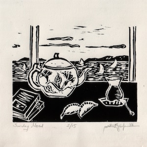Original Handmade Linocut Print, Limited edition, small size art, black ink, Sunday mood, Turkish tea glass, teapot, wall decor, block print image 1