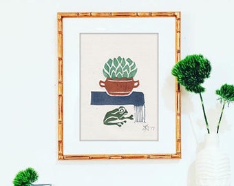 Original Handmade Multi-color Linocut Print, 6" x 8", Small size Art, Hand-pulled print, cactus, frog, wall decor, minimal, new home gift