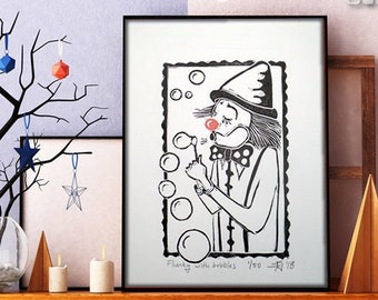 ORIGINAL LINOCUT Print, 6" x 8", Small size Art, clown, balloons, wall decor, nursery gift