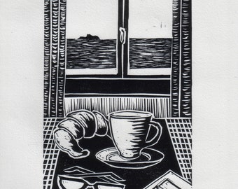 Original Linocut Handmade Print, 6.5" x 8", Limited edition, small size art, black ink, Tuesday mood, coffee, croissant, seascape, gift idea