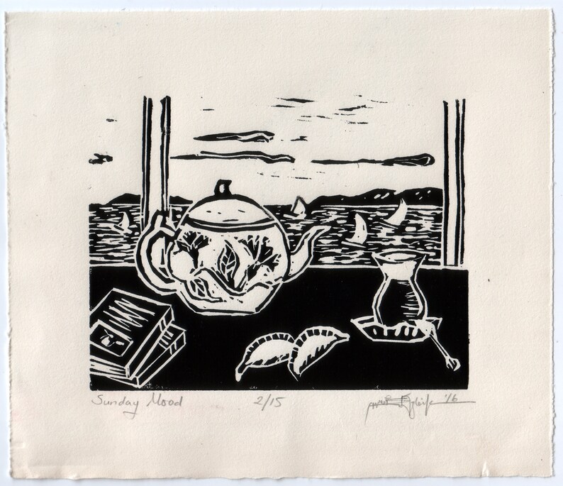 Original Handmade Linocut Print, Limited edition, small size art, black ink, Sunday mood, Turkish tea glass, teapot, wall decor, block print image 1