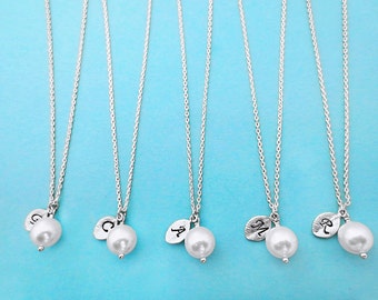 Set of 1-10, Personalized, Letter, Initial, White, 8mm, Pearl, Italic font, Silver, Necklace, Sets, Wedding, Bridesmaid, Bridal, Gift
