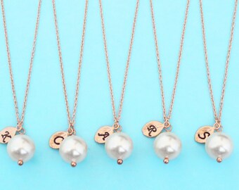 Set of 1-10, Personalized, Italic font, Letter, Initial, White 10mm pearl, Rose gold, Necklace sets, Wedding, Bridesmaid, Bridal, Gift