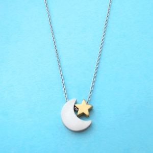Silver Crescent Moon with Gold Star Necklace, Silver Moon Necklace, Gold Star Necklace, Dainty Necklace, Mom Grandma Gift Charm Necklace