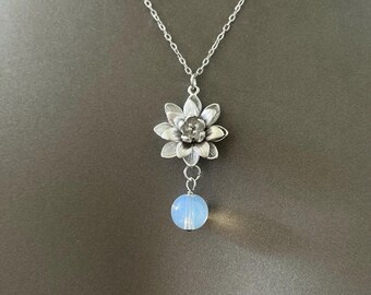 Opal Gemstone Lotus Flower Necklace - Gold/Silver Plated Floral Jewelry | Blue Opal Necklace | Dainty Flower Pendant Necklace | Elegant