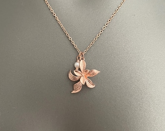Orchid Flower Necklace – Gold, Silver, or Rose Gold Plated | Dainty Floral Jewelry with Pearl | Elegant Gift for Her