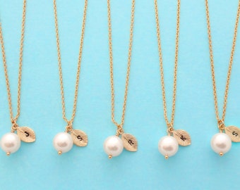 Set of 5-10, Personalized, Letter, Initial, 8mm, White, Pearl, Gold, Necklace, Sets, Wedding, Bridesmaid, Bridal, Flower girl, Gift, Jewelry