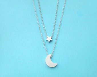 Double layered, Crescent moon and star, Gold, Silver, Necklace, Layer necklace, Birthday, Friendship, Mom, Sister, Gift, Jewelry