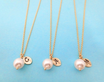 Set of 2-4, Personalized, Letter, Initial, 8mm, White, Pearl, Gold, Necklace, Sets, Wedding, Bridesmaid, Bridal, Gift, Jewelry