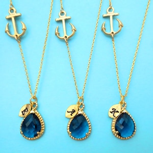 Set of 1-10, Personalized, Letter, Initial, Nautical, Navy, Glass, Sideways, Marine, Anchor, Necklace, Sets, Wedding, Reunion, Jewelry sets