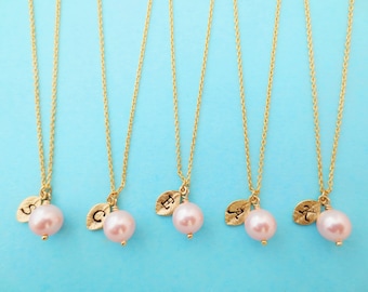 Set of 1-10, Personalized, Letter, Initial, 8mm, Baby pink, Pearl, Gold, Silver, Necklace, Wedding, Bridesmaid, Bridal, Gift, Jewelry