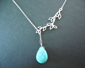 Beautiful, Sideways, Tree, Branch, Turquoise, Drop stone, Gold, Silver, Y Lariat, Necklace, Birthday, Wedding, Christmas, Gift, Jewelry