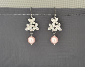 Triple Flower Earrings Gold/Silver Plated with 8mm Rosaline Pink Swarovski Pearl | Floral Drop Earrings Jewelry Gift