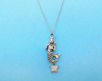 Mermaid, Cubic, Starfish, Silver, Necklace, Ariel, Star, Jewelry, Minimal, Dainty, Birthday, Friendship, Sister, Gift, Jewelry