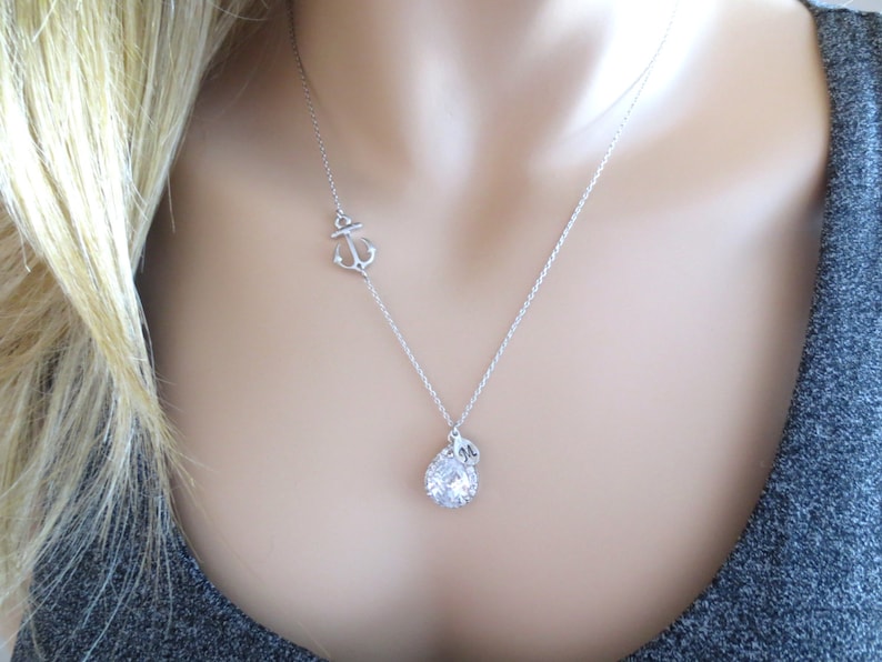 Silver Personalized Birthday Anchor Beautiful Necklace Marine Wedding Gift Stone Sideways Letter Initial Friends Modern Cubic