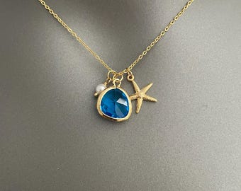 Ocean Charm Necklace – Gold or Silver Plated | Starfish, Blue Gem, and Pearl Pendant | Coastal Summer Jewelry Gift for Her
