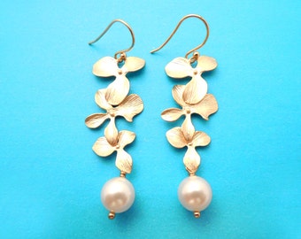 Triple, Orchid, Pearl, Gold filled, Sterling silver, Ear hooks, Gold, Silver, Earrings, Dangle, Drop, Earrings, Birthday, Gift, Jewelry