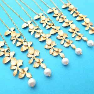 Set of 2-10 Triple Orchid Lariat Flower necklace, White Pearl necklace, Gold/ Silver necklace, Jewelry set