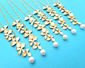 Set of 2-10 Triple Orchid Lariat Flower necklace, White Pearl necklace, Gold/ Silver necklace, Jewelry set