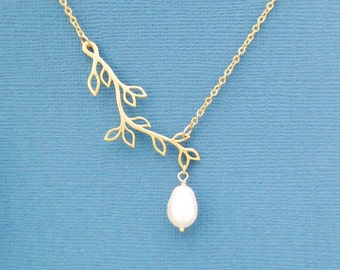 Sideways, Branch, Pearl, Gold, Silver, Necklace, Modern, Lariat, Tree, Jewelry, Birthday, Friendship, Sister, Gift, Accessory, Jewelry