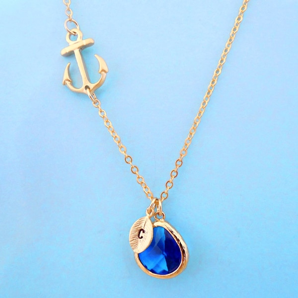 Personalized, Letter, Adjustable extender, Blue stone, Sideways, Anchor, Gold/ Silver, Necklace, Birthday, Anniversary, Friendship, Gift