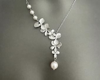 Orchid Cascade Necklace – Silver Floral Y Necklace with Swarovski Pearls | Elegant Wedding Jewelry | Statement Flower Necklace for Her